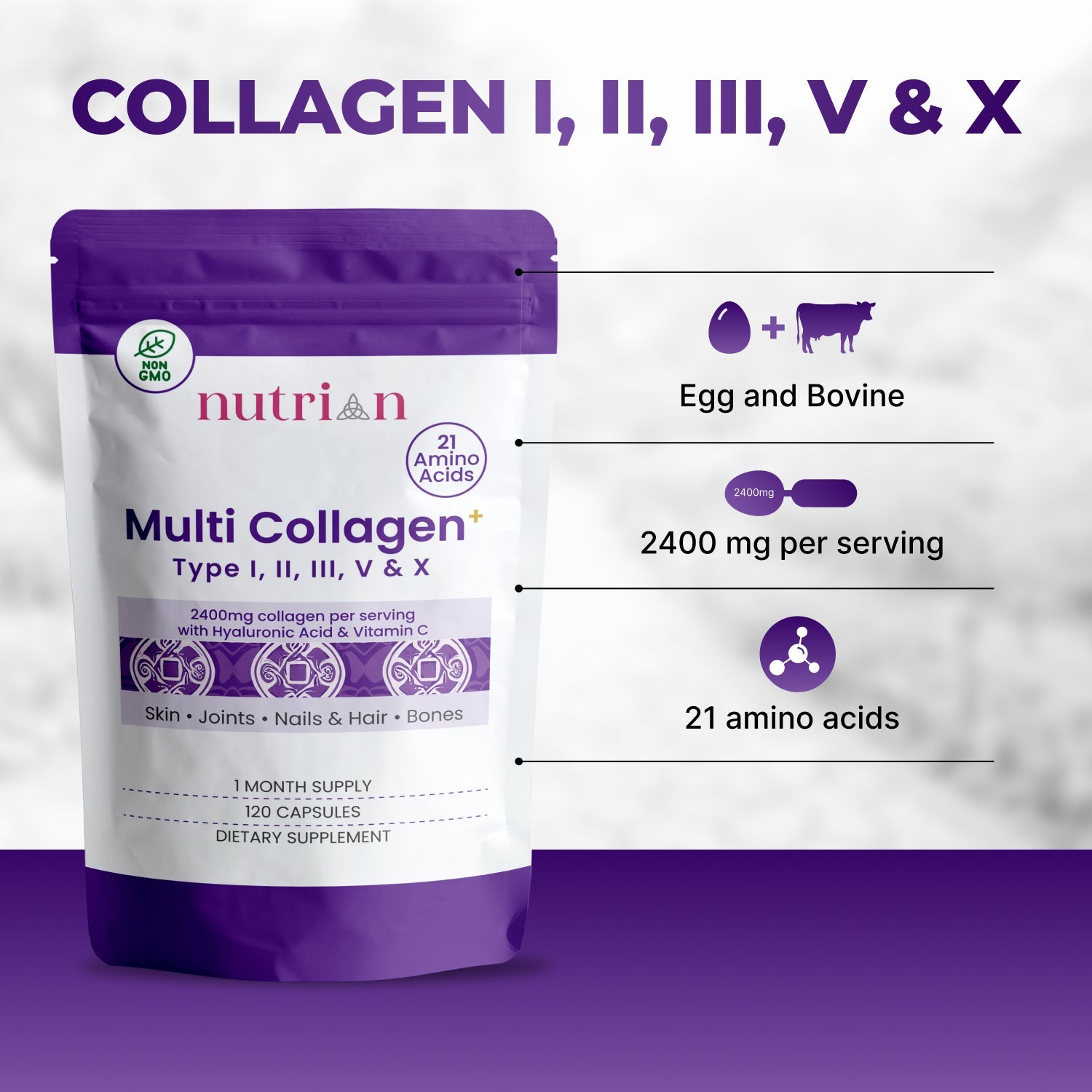 Nutrian MultiCollagen+ 2400mg | 120 Capsules Type I,II,III,V, X & Hyaluronic Acid and Vitamin C Nutrian