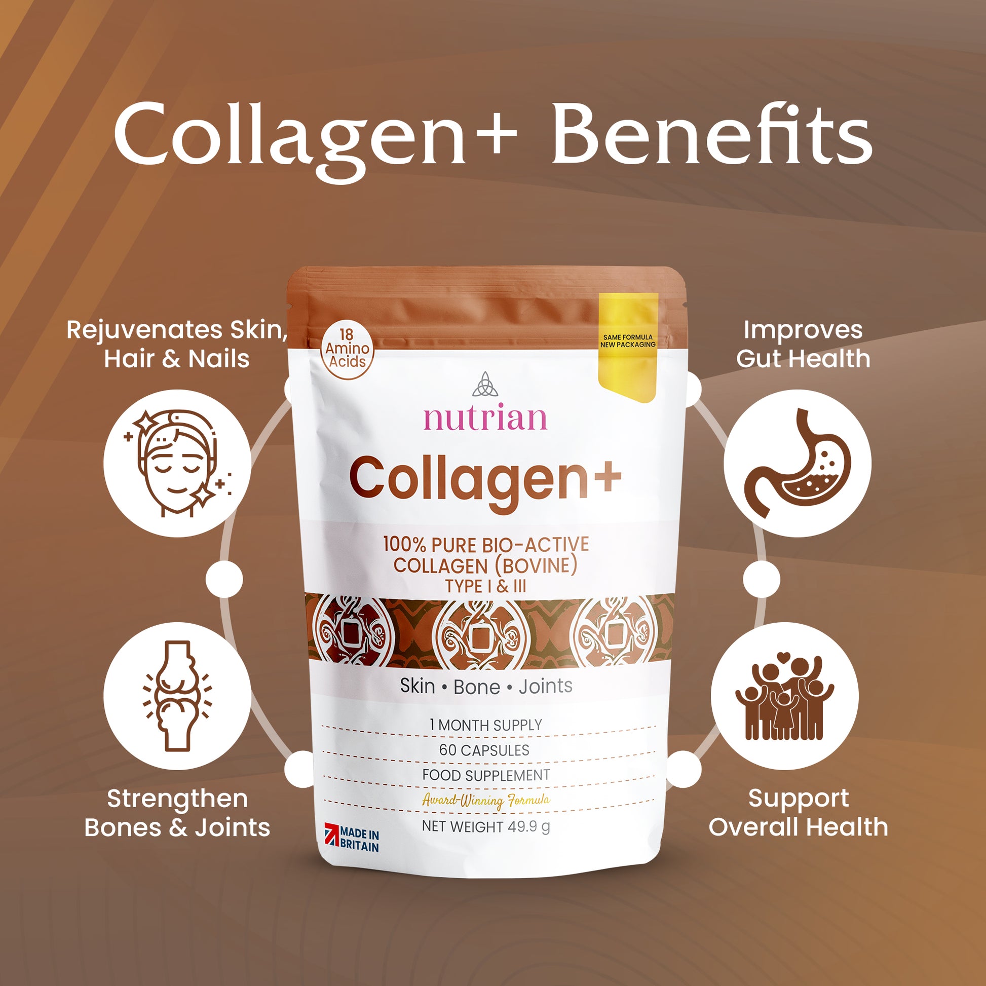 Nutrian Collagen+ – 100% Pure Bio-Active Bovine Collagen - 60 Capsules Nutrian
