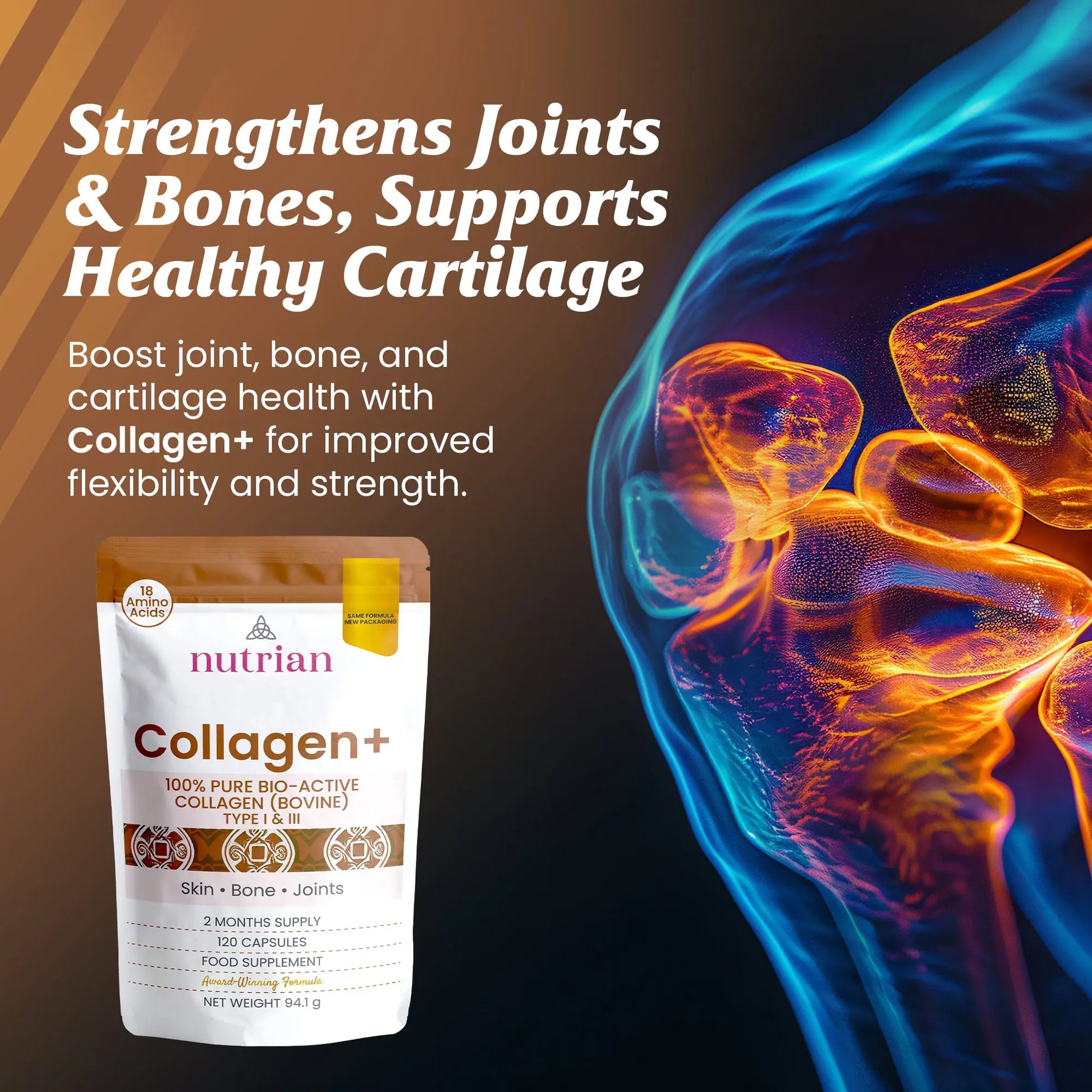 Nutrian Collagen+ – 100% Pure Bio-Active Bovine Collagen - 120 Capsules Nutrian