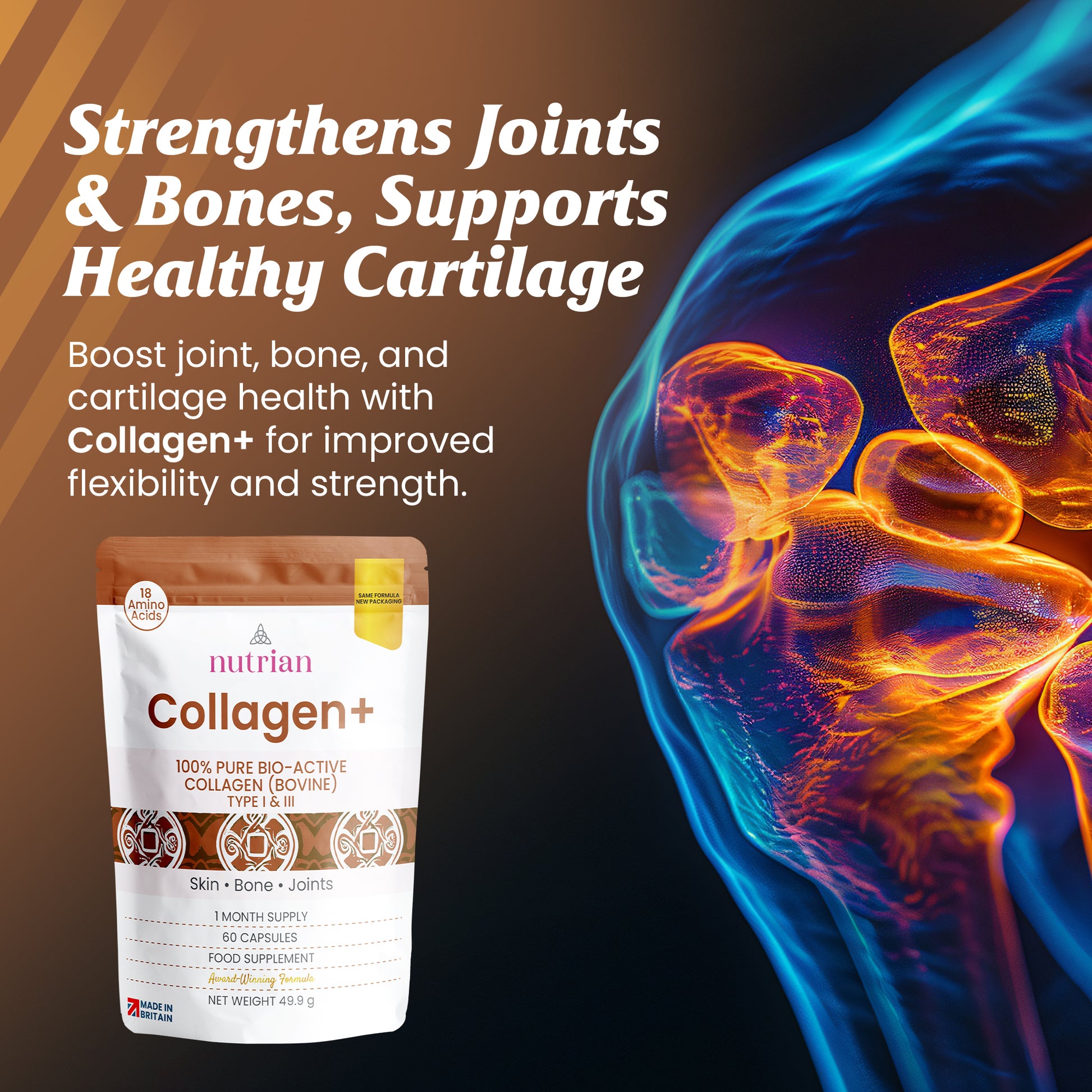 Nutrian Collagen+ – 100% Pure Bio-Active Bovine Collagen - 60 Capsules Nutrian