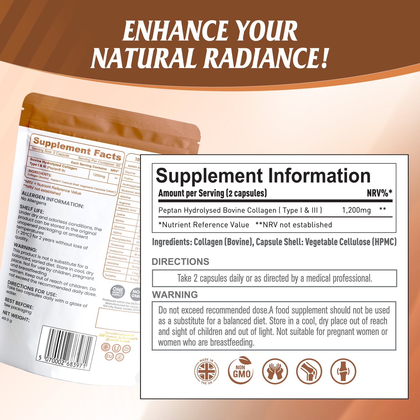 Nutrian Collagen+ – 100% Pure Bio-Active Bovine Collagen - 60 Capsules Nutrian