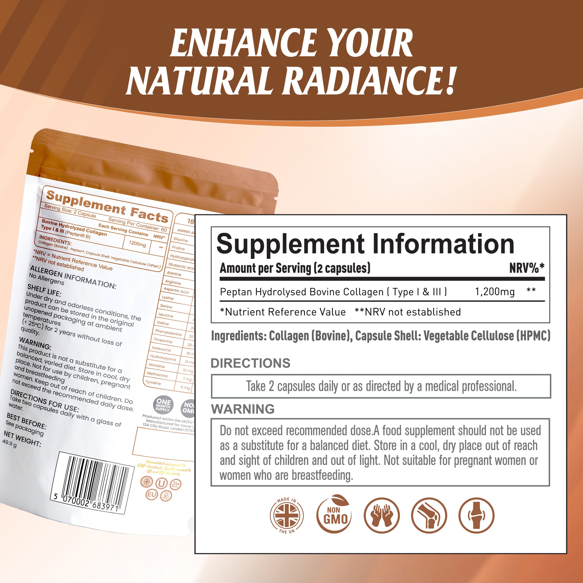 Nutrian Collagen+ – 100% Pure Bio-Active Bovine Collagen - 60 Capsules Nutrian