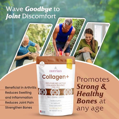 Nutrian Collagen+ – 100% Pure Bio-Active Bovine Collagen - 60 Capsules Nutrian