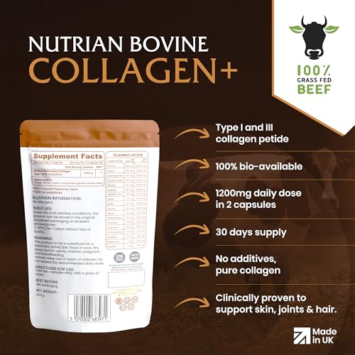 Nutrian Collagen+ – 100% Pure Bio-Active Bovine Collagen - 60 Capsules Nutrian