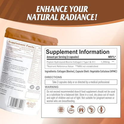 Nutrian Collagen+ | 1200mg Bio-Active Bovine Collagen Peptides | 120 Capsules Nutrian