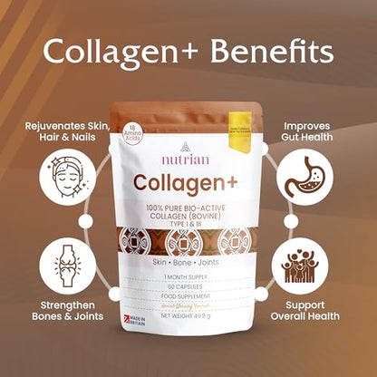 Nutrian Collagen+ – 100% Pure Bio-Active Bovine Collagen - 60 Capsules Nutrian