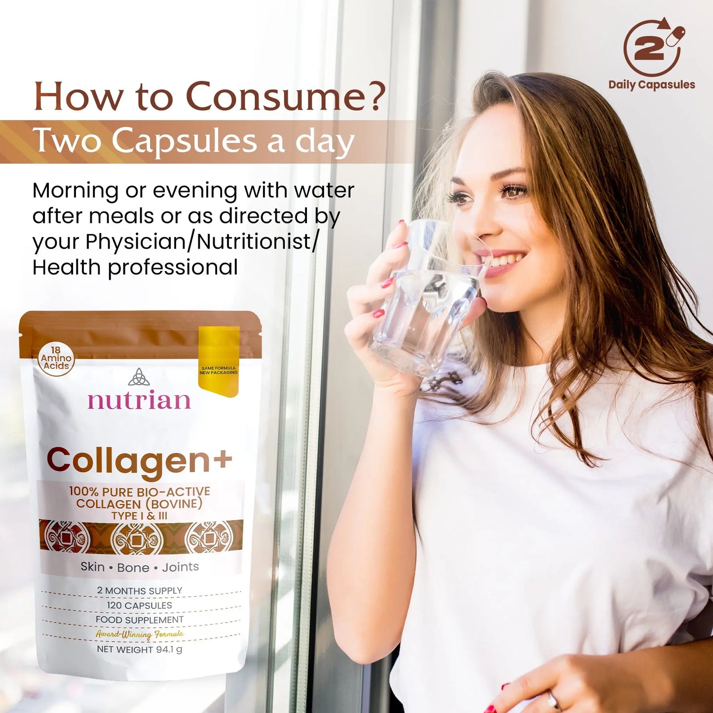 Nutrian Collagen+ – 100% Pure Bio-Active Bovine Collagen - 120 Capsules Nutrian