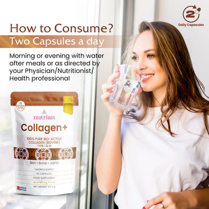 Nutrian Collagen+ – 100% Pure Bio-Active Bovine Collagen - 60 Capsules Nutrian