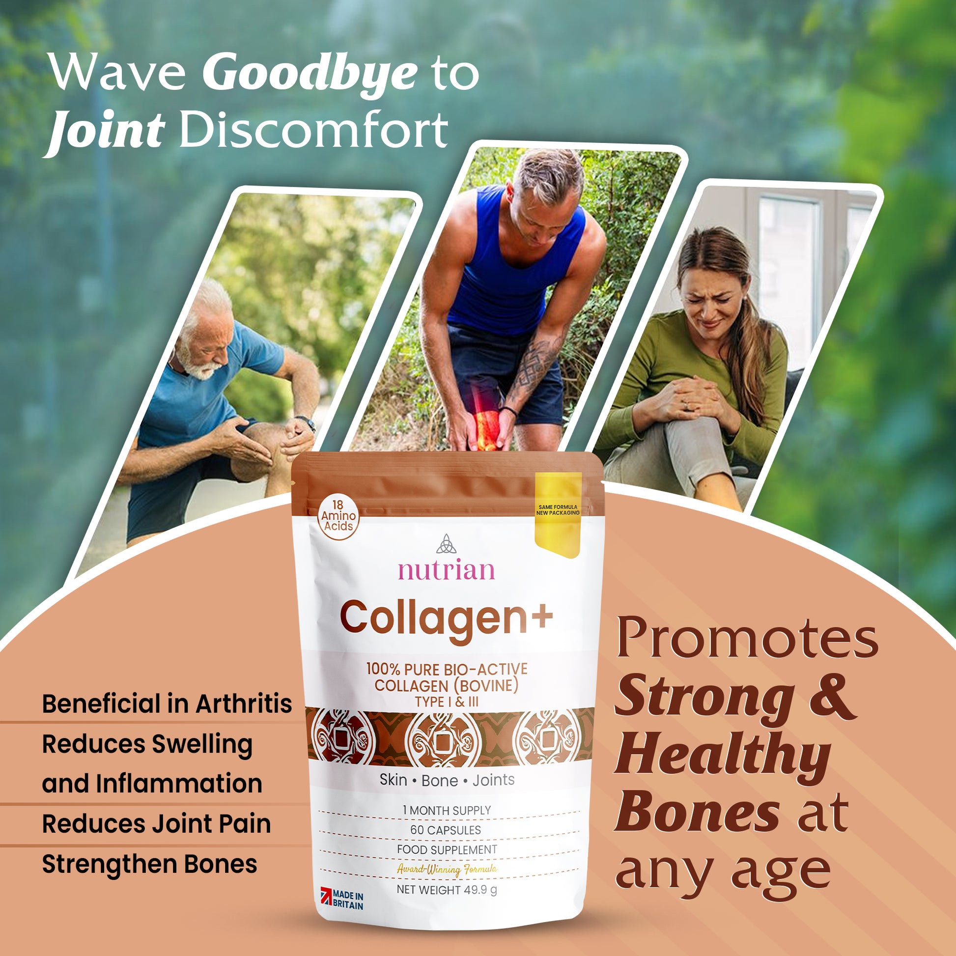 Nutrian Collagen+ – 100% Pure Bio-Active Bovine Collagen - 60 Capsules Nutrian