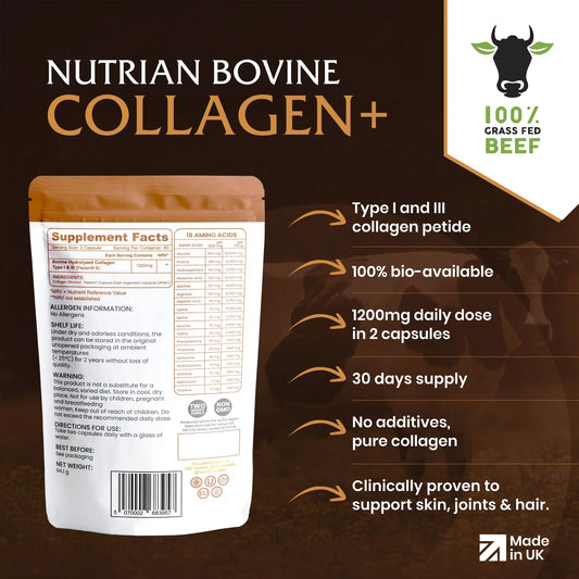Nutrian Collagen+ – 100% Pure Bio-Active Bovine Collagen - 120 Capsules Nutrian