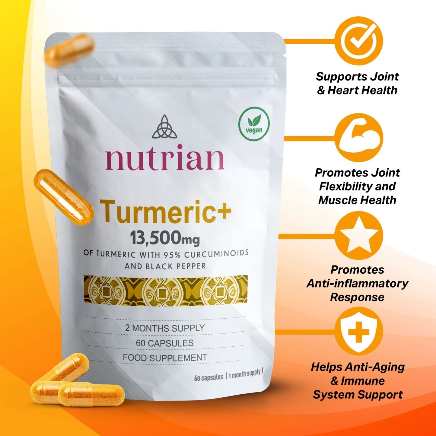 Nutrian Turmeric+ - High-Strength Turmeric 13,500mg 95% Curcumin - 60 Veg Capsules