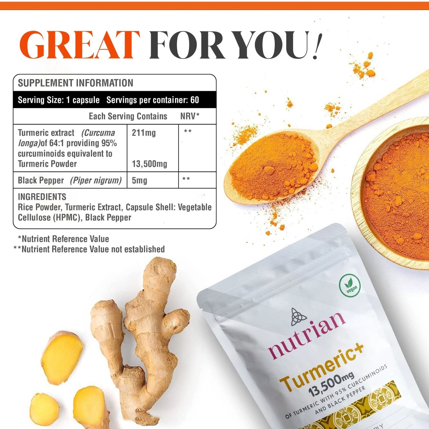 Nutrian Turmeric+ - High-Strength Turmeric 13,500mg 95% Curcumin - 60 Veg Capsules