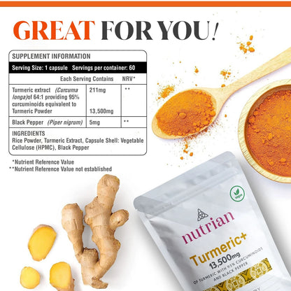 Nutrian Turmeric+ - High-Strength Turmeric 13,500mg 95% Curcumin - 60 Veg Capsules