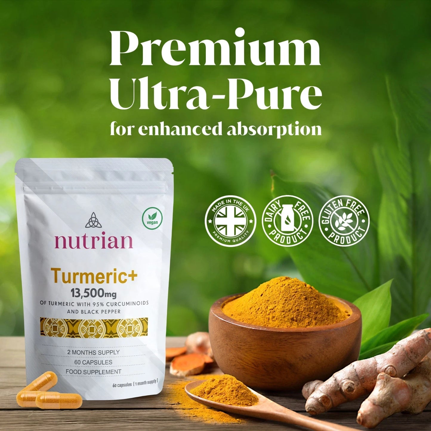 Nutrian Turmeric+ - High-Strength Turmeric 13,500mg 95% Curcumin - 60 Veg Capsules