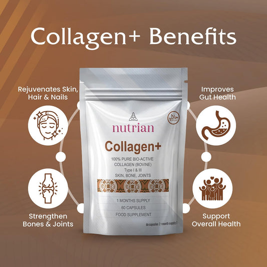 Nutrian Collagen+ – 100% Pure Bio-Active Bovine Collagen 60 Capsules