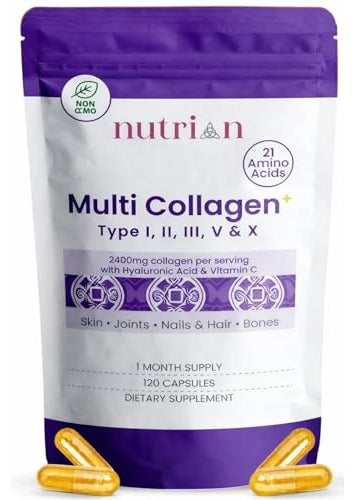 Nutrian MultiCollagen+ 2400mg pouch, collagen types I, II, III, V and X with hyaluronic acid, 120 capsules