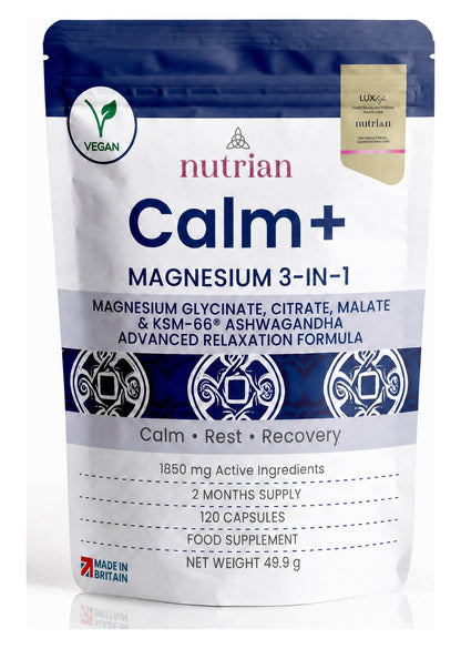 Nutrian Calm+ magnesium 3-in-1 with KSM-66 ashwagandha pouch, 120 capsules, 2 month supply