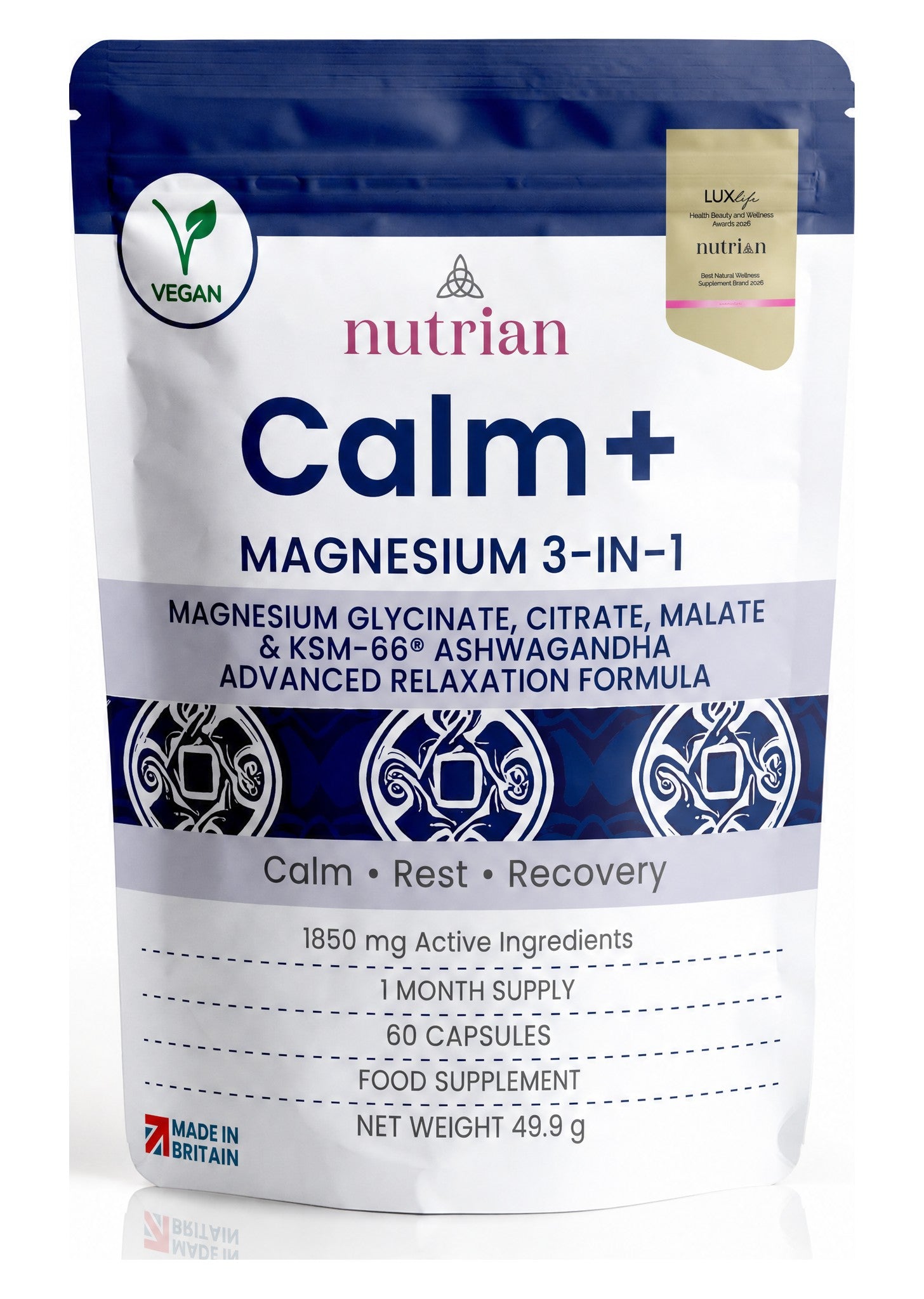 Nutrian Calm+ magnesium 3-in-1 with KSM-66 ashwagandha pouch, 60 capsules, 1 month supply