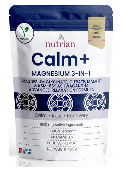Nutrian Calm+ magnesium 3-in-1 with KSM-66 ashwagandha pouch, 60 capsules, 1 month supply