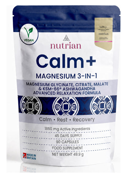 Nutrian Calm+ magnesium 3-in-1 with KSM-66 ashwagandha pouch, 90 capsules, 45 day supply