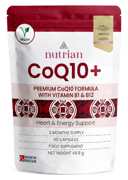 Nutrian CoQ10+ 200mg Coenzyme Q10 with Vitamin B1 and B12 pouch, 60 vegan capsules, 2 months supply