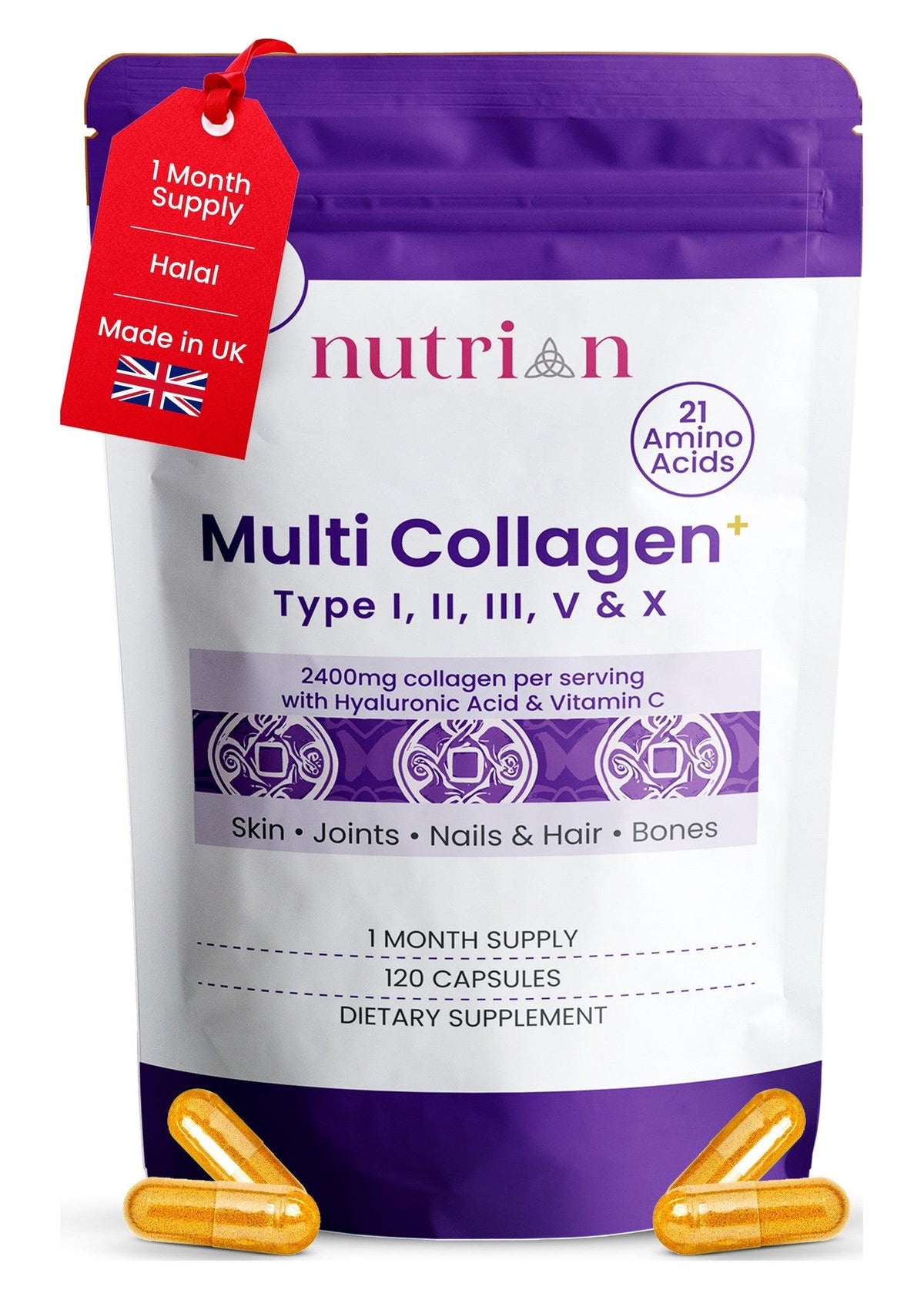 Nutrian MultiCollagen+ 2400mg | Type I,II,III,V,X & Hyaluronic Acid | 120 Caps